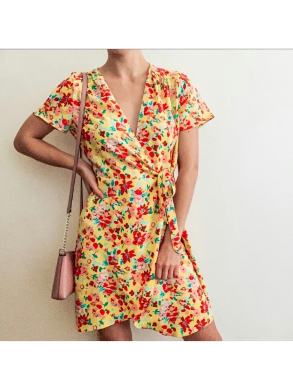 J.Crew Yellow Bright Floral Flutter Sleeve Faux Wrap Dress Size 10